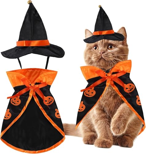 Halloween-Kürbis-Kostüm, Katzen-Zauberer-Kostüm, lustiger Zauberer, Katzenkleidung, Umhang und Zaubererhut für kleine Hunde, Katzen, Outfits, Haustier-Halloween-Kostüm, Anzug mit Kappe von Ksheria