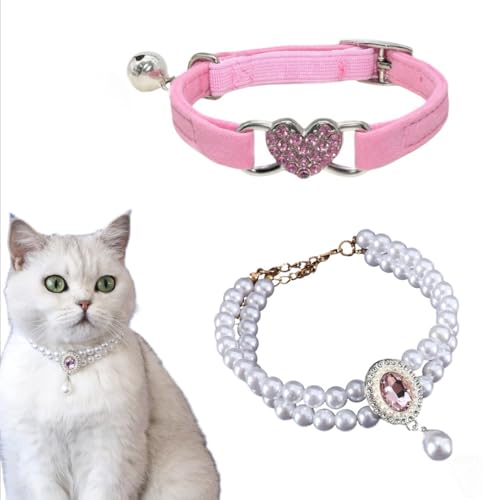 Süßes Halsband für kleine Hunde und Katzen, Herzmotiv, glitzernd, mit Perlenanhänger, Welpenhalsband mit Strassherz, Haustier-Halsband (Rosa, M 25,4 - 30,5 cm (Halsumfang) von Ksheria