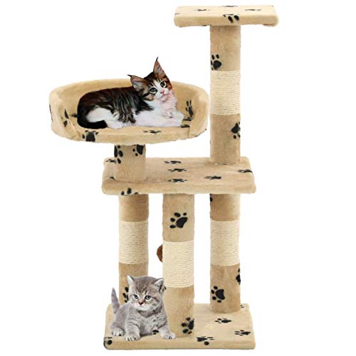 Ksodgun Katzen-Kratzbaum mit Sisal-Kratzsäulen Spielhaus Spielzeug Spielstation Klein Katzenmöbel Katzenbaum 65 cm Beige Pfoten-Aufdruck von Ksodgun