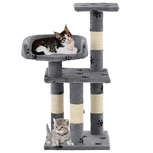 Ksodgun Katzen-Kratzbaum mit Sisal-Kratzsäulen Spielhaus Spielzeug Spielstation Klein Katzenmöbel Katzenbaum 65 cm Grau Pfoten-Aufdruck von Ksodgun
