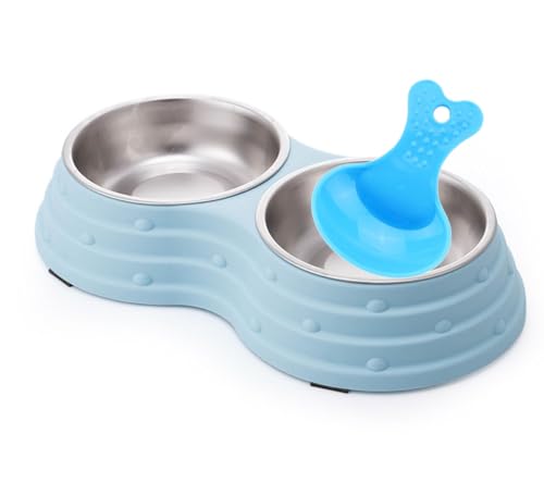 KuTi Kai Doppelte Hundenäpfe für Futter und Wasser, hochwertige, abnehmbare Edelstahl-Doppelnäpfe mit rutschfester Unterseite, Katzen usw. (groß, blau) von KuTi Kai