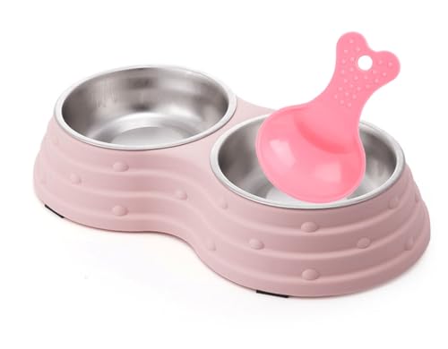 KuTi Kai Doppelte Hundenäpfe für Futter und Wasser, hochwertige, abnehmbare Edelstahl-Doppelnäpfe mit rutschfester Unterseite, Katzen usw. (groß, rosa) von KuTi Kai