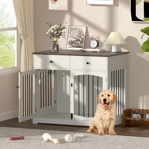 Kucreiheat Hundekäfig im Möbel-Stil, Mehrzweck-Holzkäfig-Möbel mit Doppeltüren, 2 Schubladen, dekoratives Hundehaus für den Innenbereich für kleine/mittelgroße Hunde, 101,6 cm, weißes Finish von Kucreiheat