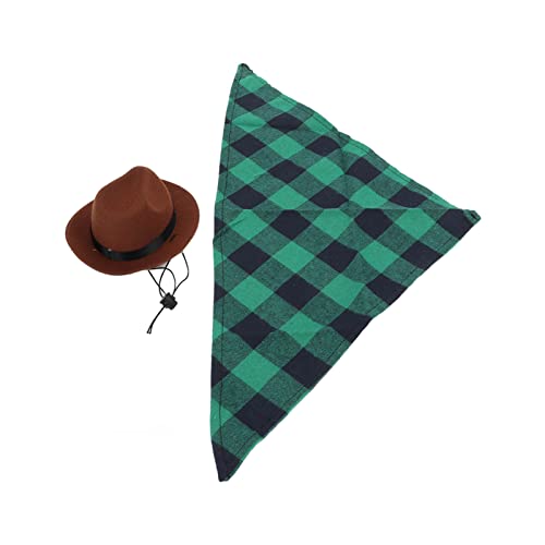 Kufoo Cowboyhut und Schal für Hunde, Vielseitiges 2-teiliges Haustierkostüm für Cosplay-Partys für Urlaubszubehör (braun + grünes Gitter) von Kufoo