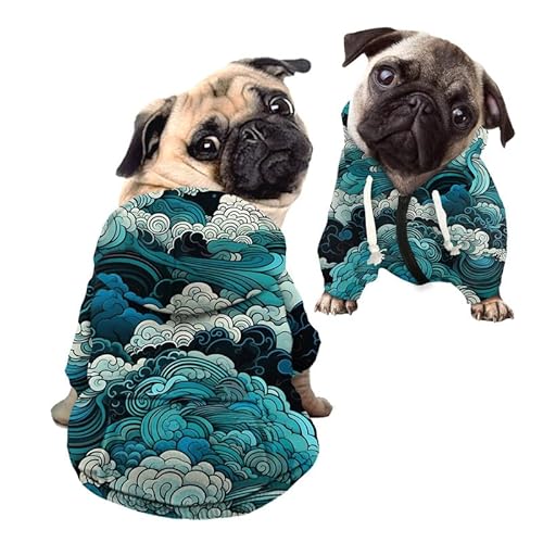 Kuiaobaty Chinesische Wolken Kunst Reißverschluss Kapuze Haustier Kleidung Atmungsaktiv Hund Hoodies, Blaugrün Kurzarm Welpen Pullover, Kleine Mittlere Hunde von Kuiaobaty