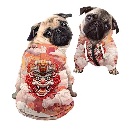 Kuiaobaty Chinesischer Löwen-Tanz-Kapuzenpullover für Hunde, weicher Einteiler, orangefarbene Wolken, Kunst-Kapuzenpullover für kleine Hunde von Kuiaobaty