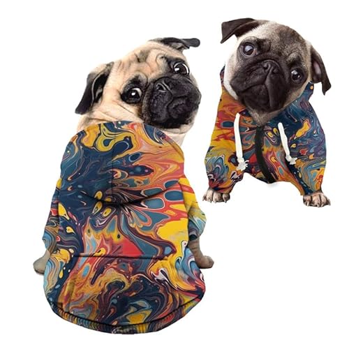 Kuiaobaty Color Fluid Art Hunde-Kapuzenpullover mit Reißverschluss, Stoff-Outfits für kleine Hunde und Katzen, blau-gelbes Hunde-Sweatshirt mit Kapuze von Kuiaobaty