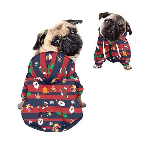 Kuiaobaty Hunde-Kapuzenpullover mit Weihnachtsstreifen, atmungsaktiv, Reißverschluss, mit Tasche, Weihnachtsmann-Druck, Haustier-Stoff, Welpen-Kapuzenpullover von Kuiaobaty