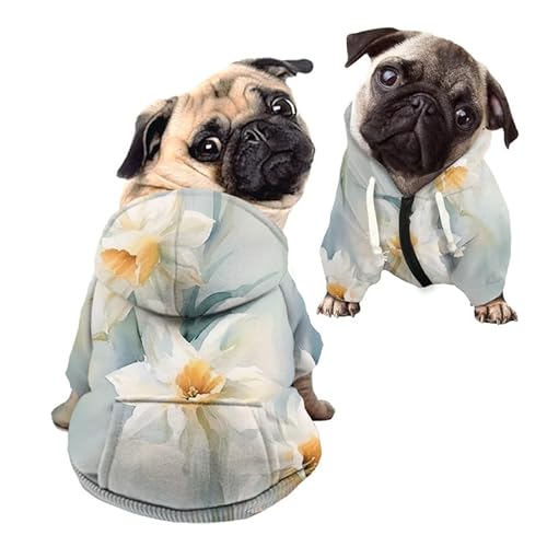 Kuiaobaty Hundepullover mit Kapuze, Motiv: weiße Narzissen-Blumen, Sweatshirt, weicher Einteiler, Pullover, Kleidung, florale Hunde-Kapuzenpullover für kleine Hunde von Kuiaobaty