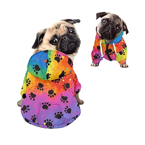 Kuiaobaty Hundepullover mit Kapuze in Regenbogenfarben, niedlicher Hundepfoten-Kapuzenpullover, bunte Farbverläufe, Einteiler für kleine Hunde von Kuiaobaty