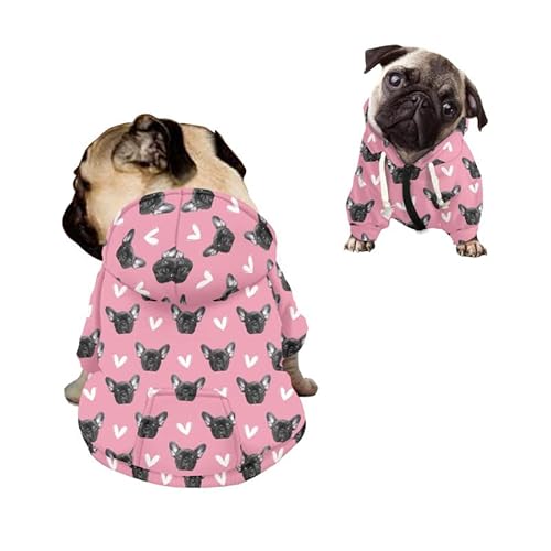 Kuiaobaty Kapuzen-Sweatshirt für kleine Hunde, Motiv: Französische Bulldogge, mit Hut, Herzmuster, für Welpen, Haustiere, Rosa von Kuiaobaty