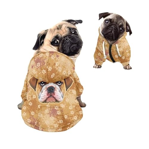 Kuiaobaty Lustiges Bulldoggen-Druck-Kapuzen-Sweatshirt für kleine Hunde, Kapuzenjacke mit Hut, braunes Pfotenmuster, Welpen, Haustiere, Pullover, Kleidung, Outfits von Kuiaobaty