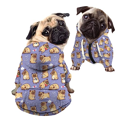 Kuiaobaty Niedlicher Mops-Welpen-Druck Hund Hoodie Doggy Shirt Kleidung Outfits, Kawaii Cartoon Hund Pullover Blau Outdoor Pullover für Haustiere von Kuiaobaty