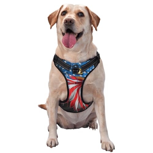 Kuilepa Hundegeschirr, kein Ziehen, verstellbar, reflektierend, Oxford-Gewebe, einfache Kontrolle, Größe M, L, Adlerkopf mit amerikanischer Flagge von Kuilepa