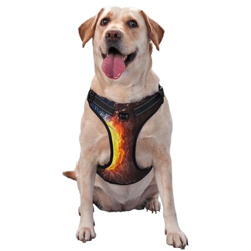 Kuilepa Hundegeschirr, kein Ziehen, verstellbar, reflektierend, Oxford-Gewebe, einfache Kontrolle, Größe M, L, Tennisball auf Feuer und Wasser von Kuilepa