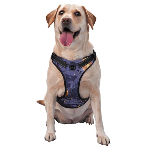 Kuilepa Hundegeschirr, kein Ziehen, verstellbar, reflektierend, Oxford-Stoff, einfache Kontrolle, Größe M, L, Mystery House, Halloween-Nacht von Kuilepa