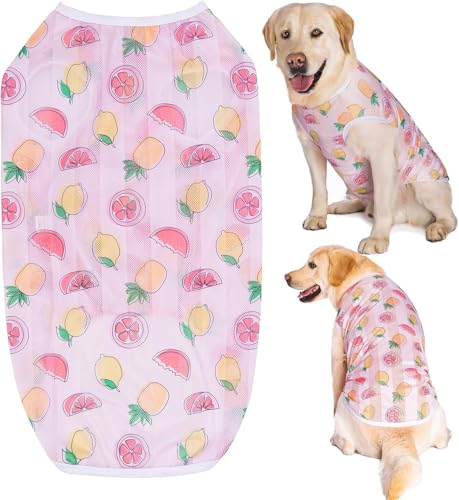 Kukaster Pet Hunde-Shirts Anti-Lecken, dünnes kühles atmungsaktives Mesh, Sommer Kleidung für große Hunde Rosa Frucht 4XL von Kukaster Pet