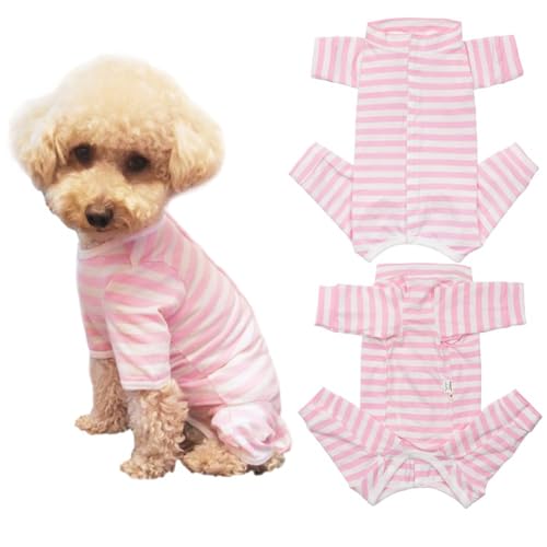 Kukaster Pet Hundebody Nach Op, Op Body Hund kastration Hündin, Body für Hunde nach Op, Hundebody mit Beinen, Wundschutzanzüge Nylonschnalle für Haarausfall, Allergien, Rasur, Rosa Weiß Streifen XS von Kukaster Pet