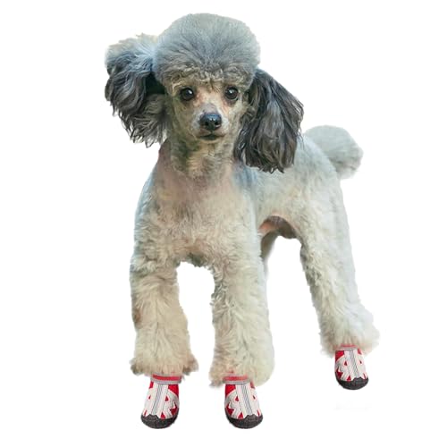 Kukaster Pet Hundeschuhe Pfotenschutz, 4 Stück atmungsaktive Hundeschuhe mit Rutschfester Sohle reflektierendem Klettverschluss Hundestiefel für kleine, mittlere, große Hunde, red Size 4 von Kukaster Pet