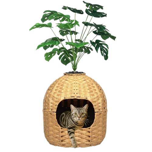 Katzentoilette Möbel mit Kunstpflanze, handgewebte Rattan-Abdeckung, Geruchskontrollfilter, dekorative echte Steine, versteckte Katzentoilette für Wohnzimmer, Schlafzimmer, Ecke (Natur) von Kukikan