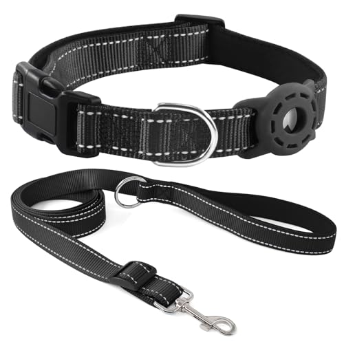 Kuley AirTag Hundehalsband und reflektierende Leine, Set mit Airtag-Halterung, verstellbares, gepolstertes Nylon-Halsband für kleine, mittelgroße und große Hunde (Schwarz, L) von Kuley