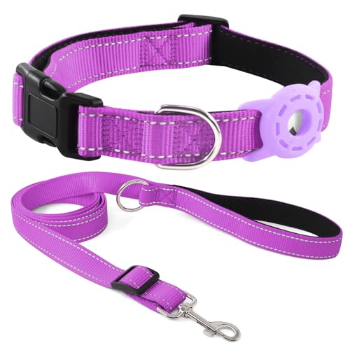 Kuley AirTag Hundehalsband und reflektierende Leine, Set mit Airtag-Halterung, verstellbares, gepolstertes Nylon-Halsband für kleine, mittelgroße und große Hunde (lila, mittelgroß) Kuley AirTag Hundehalsband und reflektierende Leine, Set mit Airtag-Halterung, verstellbares, gepolstertes Nylon-Halsband für kleine, mittelgroße und große Hunde (lila, mittelgroß) von Kuley