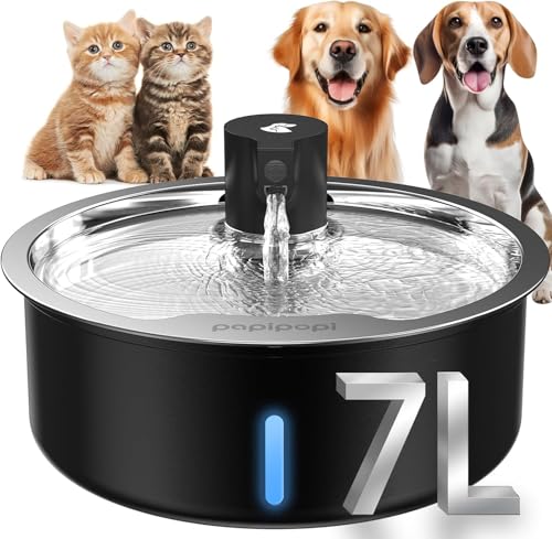 Edelstahl Hund Wasserbrunnen, 7L/1.8G/6,690.5 g Haustier Wasserbrunnen für große Hunde & Multikatzen, Hund Wassernapf Spender mit Leise Wasserpumpe und 3 Ersatzfiltern (Schwarz, 7L+8 Filter) von Kulobby