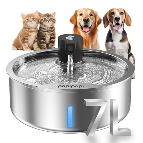 Edelstahl Hund Wasserbrunnen, 7L/1.8G/6,690.5 g Haustier Wasserbrunnen für große Hunde & Multikatzen, Hund Wassernapfspender mit leiser Wasserpumpe und 3 Ersatzfiltern (Primär, 7L+3 Filter) von Kulobby