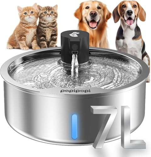 Edelstahl Hund Wasserbrunnen, 7L/1.8G/6,690.5 g Haustier Wasserbrunnen für große Hunde & Multikatzen, Hund Wassernapfspender mit leiser Wasserpumpe und 3 Ersatzfiltern (Primär, 7L+8 Filter) von Kulobby