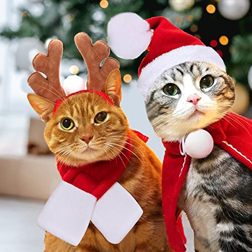 4PCS Weihnachtskostüm für Katzen, Katzenbekleidung, Weihnachtsmann-Mütze, Schal, Geweih, Mütze Kostüme für Hunde, Katzen, Welpen, Geschenk von Kungfu Mall