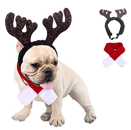 KungFu Mall Hundeweihnachtsoutfit Kleines Hundekostüm Weihnachten Rentier Geweih Mütze & Schal Weihnachten Rot Kostüm Anzug Haustier Weihnachtskostüm von Kungfu Mall