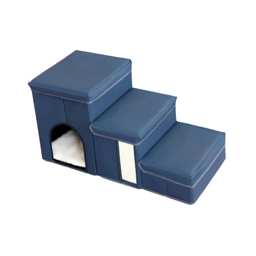 Kuntesetty Haustierleiter Katzentreppe Hundetreppe Dreistufenleiter Aus Stabilem Stoffmaterial Klappbar mit Spielzeug Und Aufbewahrungsbox Sicherer Stand für Wo, Navy Blau von Kuntesetty
