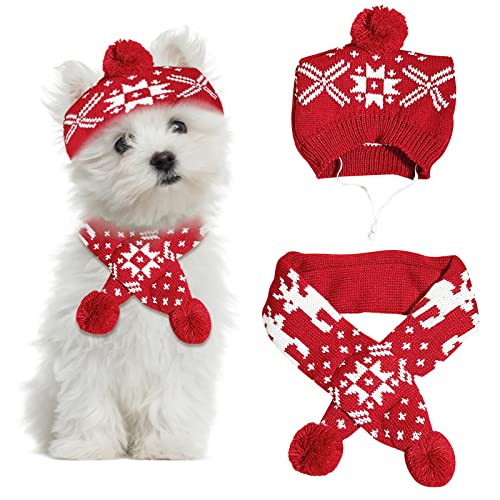 2 Stück Weihnachten Haustier Mütze Schal Set Gestricktes Haustier Halsband Winter Warm Doggy Mütze Welpe Katze Kostüm Zubehör für Kleine bis Mittlere Haustiere (Medium, Schneeflocke) von Kunyeah