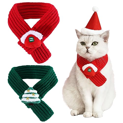 2 Stücke Weihnachten Haustier Schal Gestrickt Haustier Kragen Winter Katze Halswärmer Solide Haustier Schal Welpen Katze Kostüm Zubehör Mini Strickschal für kleine bis mittelgroße Haustiere (Solid - von Kunyeah