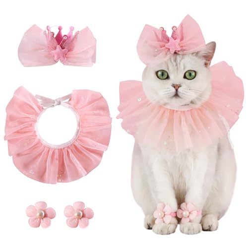 Haustier-Geburtstagshut Schal Set für Welpen Prinzessin Kostüme Hund Glitzer Fliege Hut Pailletten Bandana niedliches Spitzenkatzen-Outfit Blume Hunde-Beinring Haustier-Partyzubehör von Kunyeah