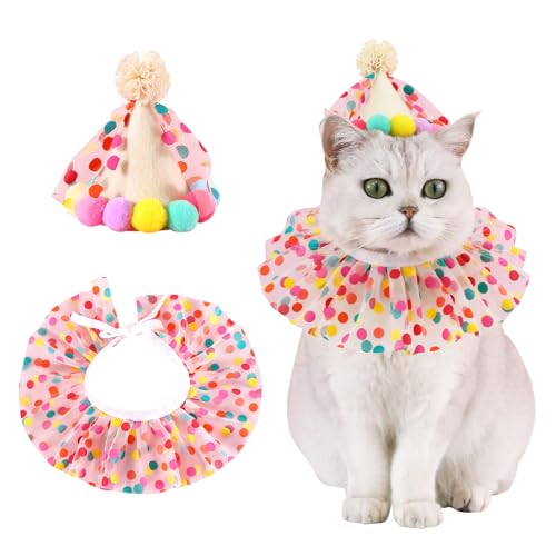 Haustier-Geburtstagsmütze Schal Set für Welpen Prinzessinnen, niedliches Katzenoutfit mit Spitze bunt Punkte Bandana Bommel Kegel Hut Katze Happy Birthday Dekoration Haustier-Partyzubehör von Kunyeah