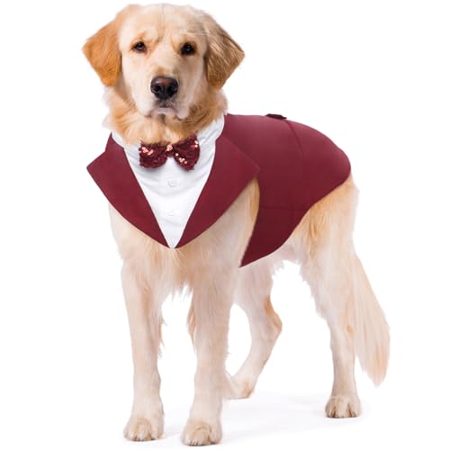 Kuoser Hund Smoking Anzug & Bandana Set, Haustier Fomal Kleidung Hunde Mantel mit Abnehmbarer Fliege, Hundeanzug Welpe Kostüm Shirt für Hochzeit Halloween Geburtstag Party, S-XXL Kuoser Hund Smoking Anzug & Bandana Set, Haustier Fomal Kleidung Hunde Mantel mit Abnehmbarer Fliege, Hundeanzug Welpe Kostüm Shirt für Hochzeit Halloween Geburtstag Party, S-XXL von Kuoser