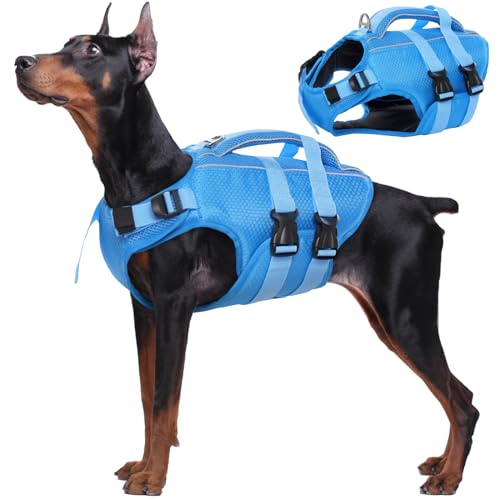 Kuoser Hunde Schwimmweste für kleine mittel große Hunde, Verstellbar & Ripstop Hunde Rettungsweste mit Rettungsgrif, Hoher Schwimmfähigkeit Haustier Lebensretter Welpen Badeanzüge für Strand Blue L von Kuoser