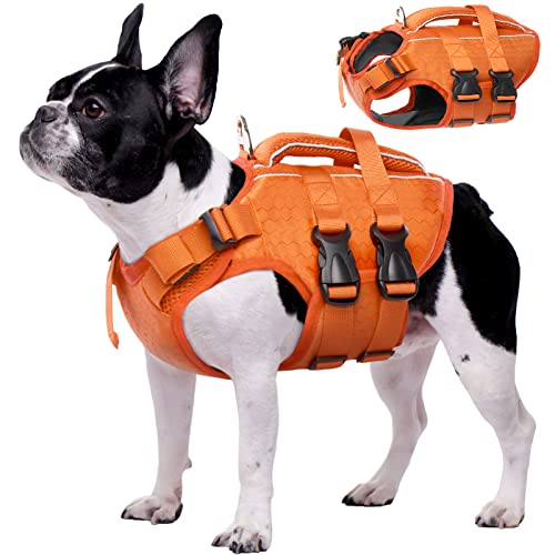 Kuoser Hunde Schwimmweste für kleine mittel große Hunde, Verstellbar & Ripstop Hunde Rettungsweste mit Rettungsgrif, Hoher Schwimmfähigkeit Haustier Lebensretter Welpen Badeanzüge für Strand Orange S von Kuoser