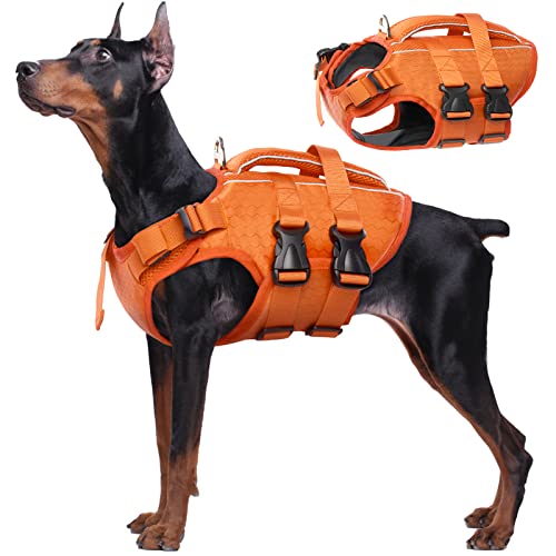 Kuoser Hunde Schwimmweste für kleine mittel große Hunde, Verstellbar & Ripstop Hunde Rettungsweste mit Rettungsgrif, Hoher Schwimmfähigkeit Haustier Lebensretter Welpen Badeanzüge für Strand Orange L von Kuoser