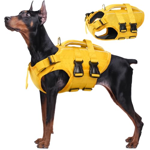 Kuoser Hunde Schwimmweste für kleine mittel große Hunde, Verstellbar & Ripstop Rettungsweste mit Rettungsgrif, Hoher Schwimmfähigkeit Haustier Lebensretter Welpen Badeanzüge für Strand GelbNeu XL von Kuoser