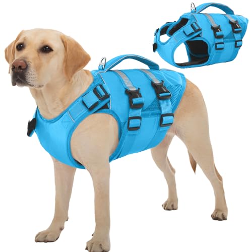 Kuoser Schwimmweste Hund Große, Rettungswesten für Hunde Schwimmweste mit Griff und Reflektierend, Verstellbar Hundeschwimmweste, Schwimmweste für Große Hunde mit Verbesserter Auftrieb, Blau 2XL von Kuoser