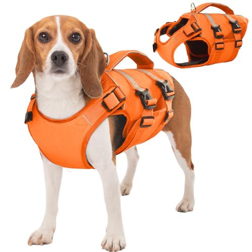Kuoser Schwimmweste Hund Große, Rettungswesten für Hunde Schwimmweste mit Griff und Reflektierend, Verstellbar Hundeschwimmweste, Schwimmweste für Große Hunde mit Verbesserter Auftrieb, Orange L von Kuoser