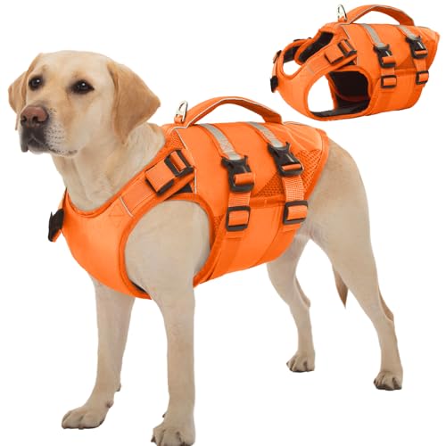 Kuoser Schwimmweste Hund Große, Rettungswesten für Hunde Schwimmweste mit Griff und Reflektierend, Verstellbar Hundeschwimmweste, Schwimmweste für Große Hunde mit Verbesserter Auftrieb, Orange XL von Kuoser