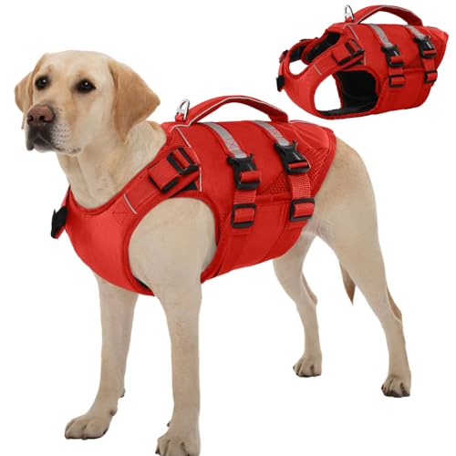 Kuoser Schwimmweste Hund Große, Rettungswesten für Hunde Schwimmweste mit Griff und Reflektierend, Verstellbar Hundeschwimmweste, Schwimmweste für Große Hunde mit Verbesserter Auftrieb, Rot 2XL von Kuoser