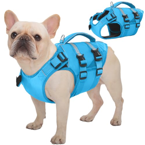 Kuoser Schwimmweste Hund Klein, Rettungswesten für Hunde Schwimmweste mit Griff und Reflektierend, Verstellbar Hundeschwimmweste, Schwimmweste für Kleine Hunde mit Verbesserter Auftrieb, Blau S von Kuoser