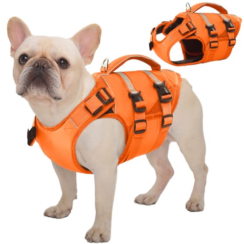 Kuoser Schwimmweste Hund Klein, Rettungswesten für Hunde Schwimmweste mit Griff und Reflektierend, Verstellbar Hundeschwimmweste, Schwimmweste für Kleine Hunde mit Verbesserter Auftrieb, Orange XS von Kuoser