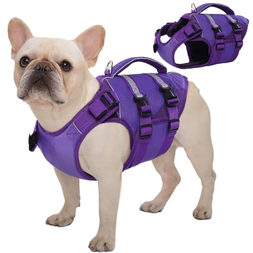 Kuoser Schwimmweste Hund Klein, Rettungswesten für Hunde Schwimmweste mit Griff und Reflektierend, Verstellbar Hundeschwimmweste, Schwimmweste für Kleine Hunde mit Verbesserter Auftrieb, Violett XS von Kuoser