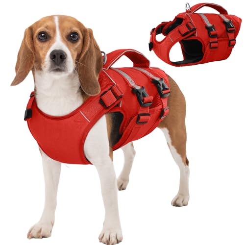 Kuoser Schwimmweste Hund Mittlere, Rettungswesten für Hunde Schwimmweste mit Griff und Reflektierend, Verstellbar Hundeschwimmweste, Schwimmweste für Mittel Hunde mit Verbesserter Auftrieb, Rot M von Kuoser