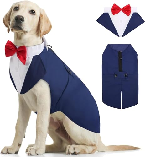 Kuoser Hund Smoking Anzug & Bandana Set, Haustier Fomal Kleidung Hunde Mantel mit Abnehmbarer Fliege, Hundeanzug Welpe Kostüm Shirt für Hochzeit Halloween Geburtstag Party, S-XXL Kuoser Hund Smoking Anzug & Bandana Set, Haustier Fomal Kleidung Hunde Mantel mit Abnehmbarer Fliege, Hundeanzug Welpe Kostüm Shirt für Hochzeit Halloween Geburtstag Party, S-XXL von Kuoser
